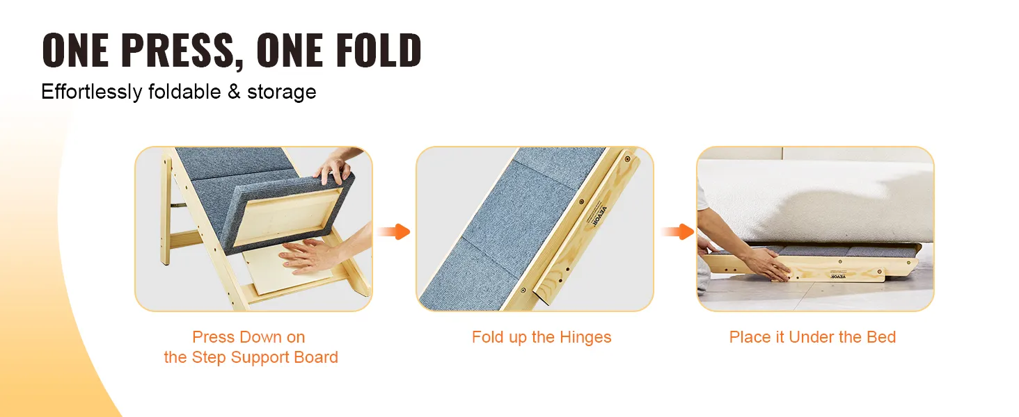 Escaleras para mascotas VEVOR con una sola pulsación y un solo pliegue, plegables sin esfuerzo y fáciles de guardar debajo de la cama.