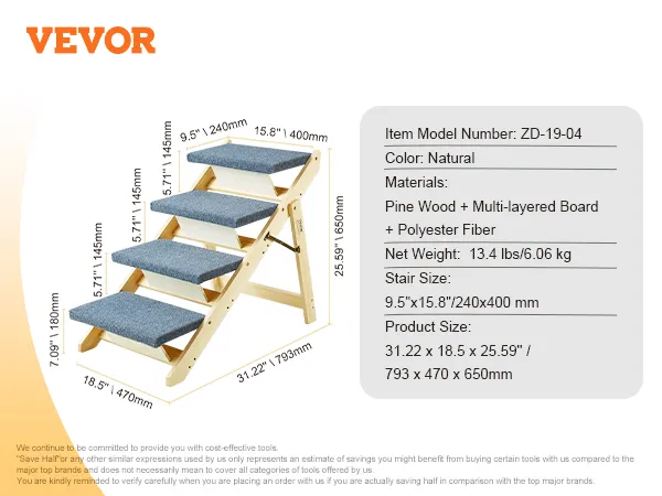 VEVOR wood pet stairs, pine wood with blue polyester-covered steps, dimensions and weight displayed.