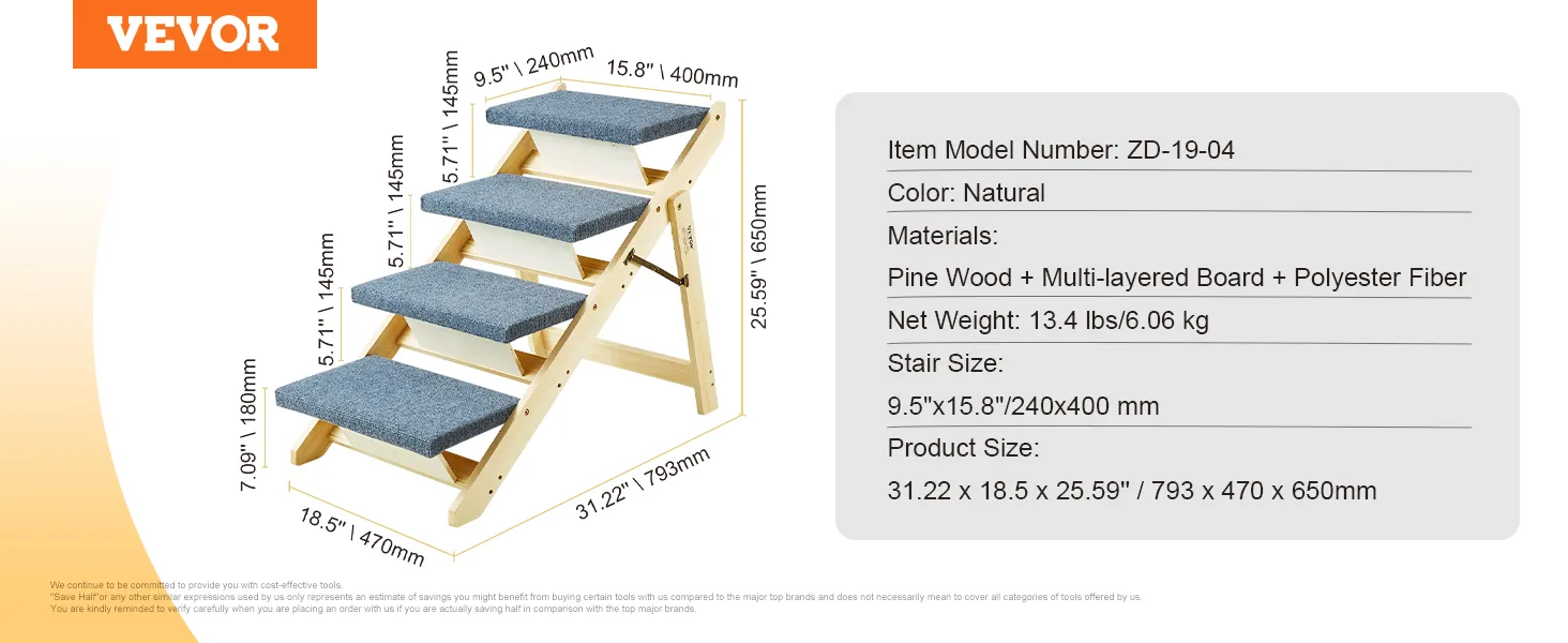 VEVOR wood pet stairs, pine wood with blue polyester-covered steps, dimensions and weight displayed.
