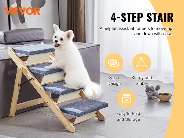 VEVOR wood pet stairs: a dog climbing foldable 4-step wooden pet stairs next to a sofa.