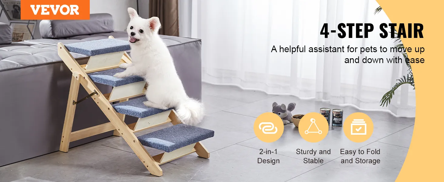 VEVOR wood pet stairs: a dog climbing foldable 4-step wooden pet stairs next to a sofa.