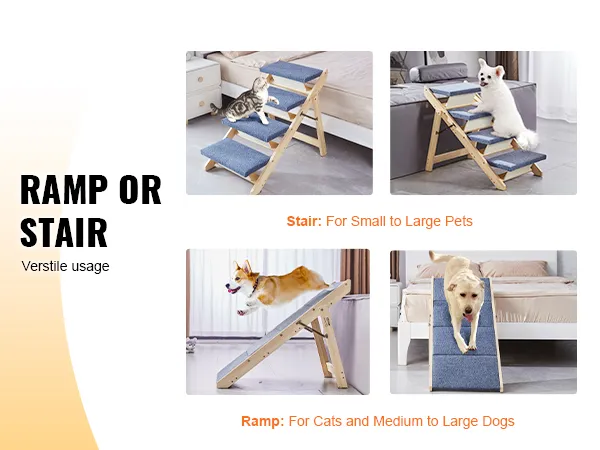 VEVOR wood pet stairs, versatile ramp or stair for small to large pets with blue carpeted steps.