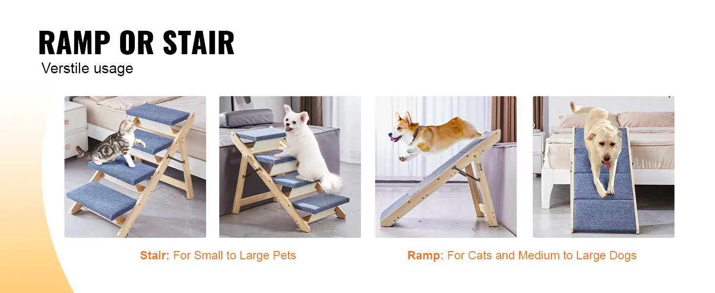VEVOR wood pet stairs, versatile ramp or stair for small to large pets with blue carpeted steps.