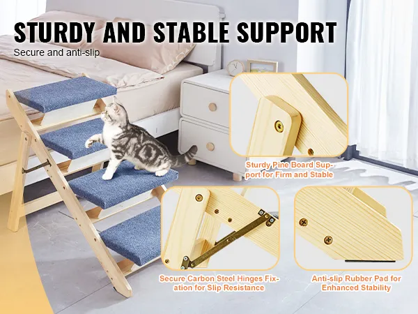 cat using VEVOR wood pet stairs beside bed, showcasing sturdy pine support, secure hinges, and anti-slip pads.