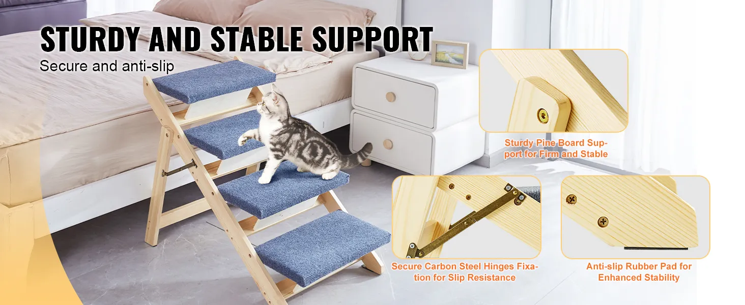 cat using VEVOR wood pet stairs beside bed, showcasing sturdy pine support, secure hinges, and anti-slip pads.
