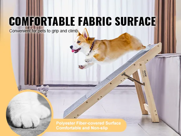 corgi using VEVOR wood pet stairs with a comfortable fabric surface for easy climbing to the couch.