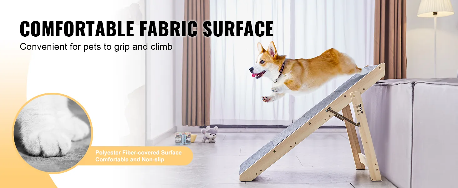 corgi using VEVOR wood pet stairs with a comfortable fabric surface for easy climbing to the couch.