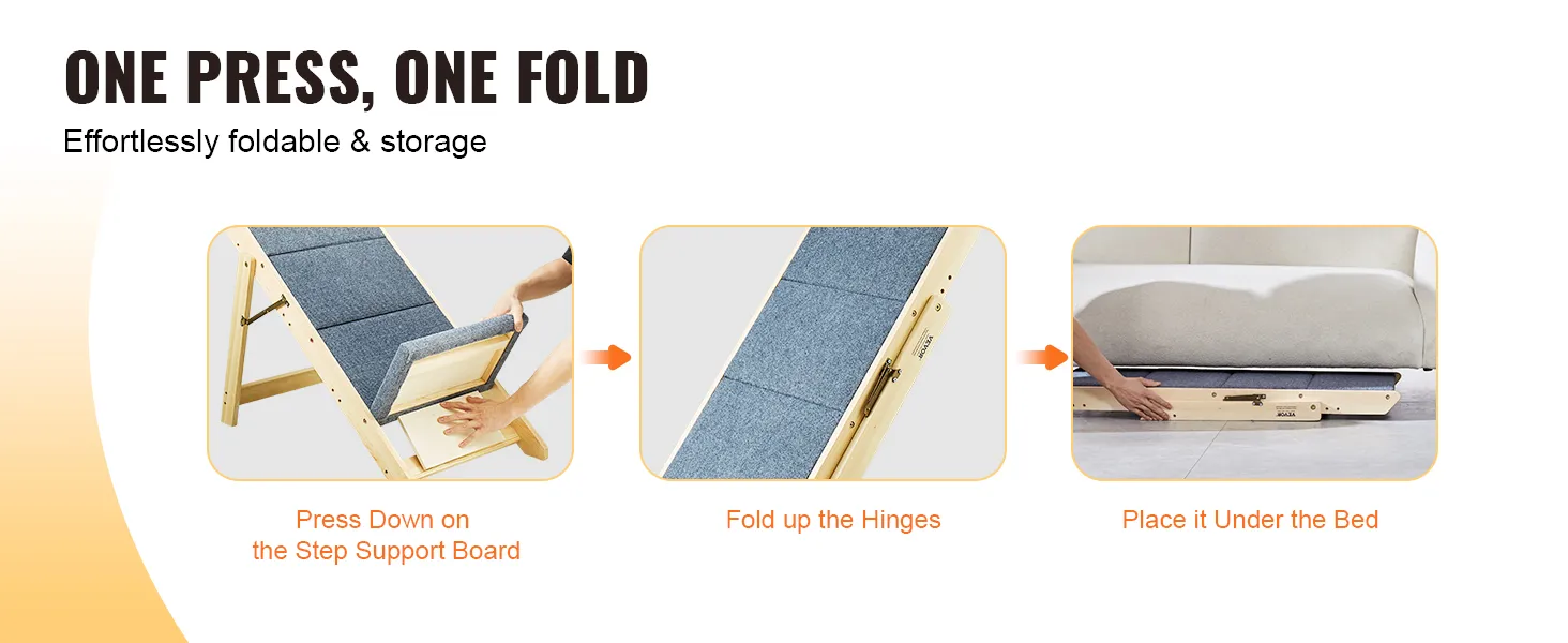 three steps for using foldable VEVOR wood pet stairs: pressing down, folding, and placing under bed.
