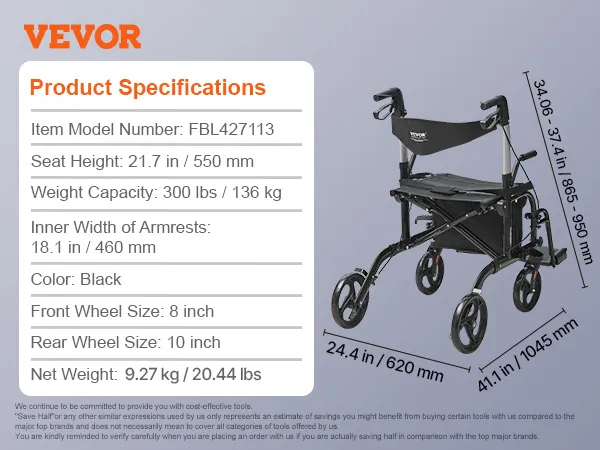 VEVOR rollator walker product specifications with dimensions, weight, and features in black color.