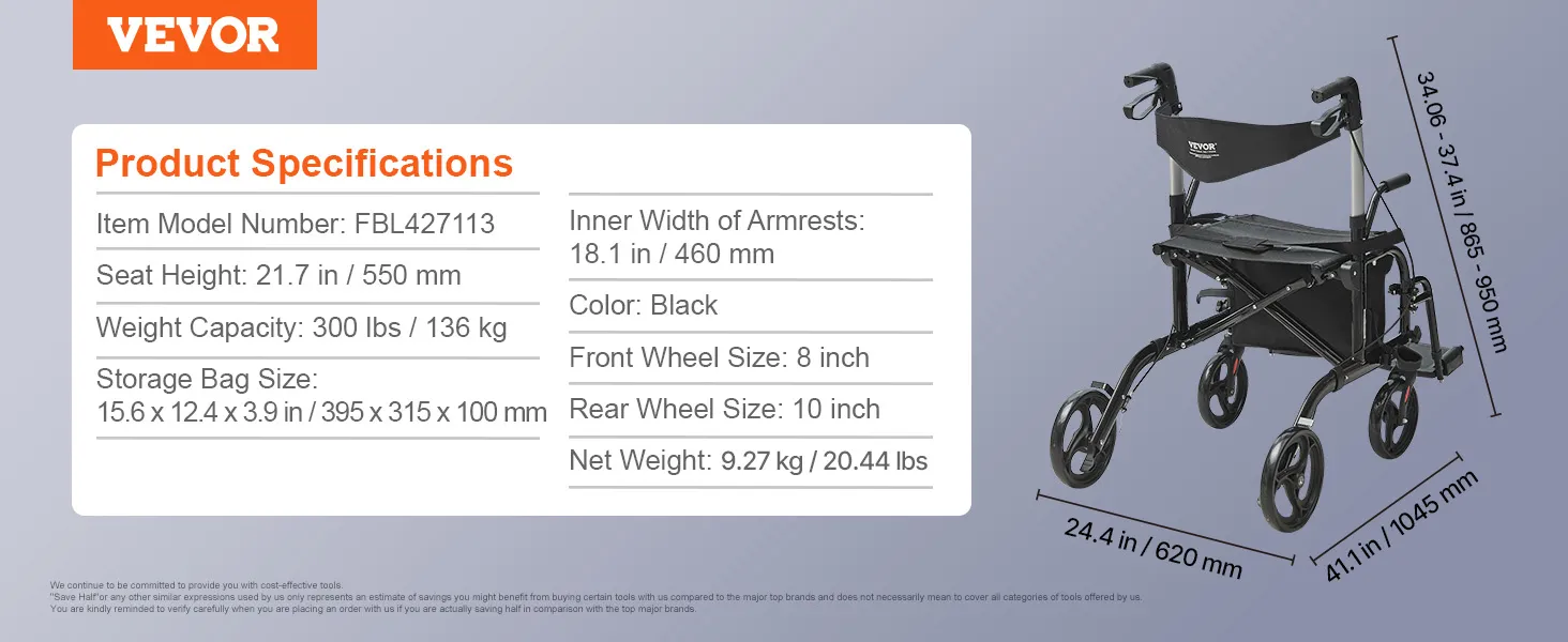 VEVOR rollator walker product specifications with dimensions, weight, and features in black color.