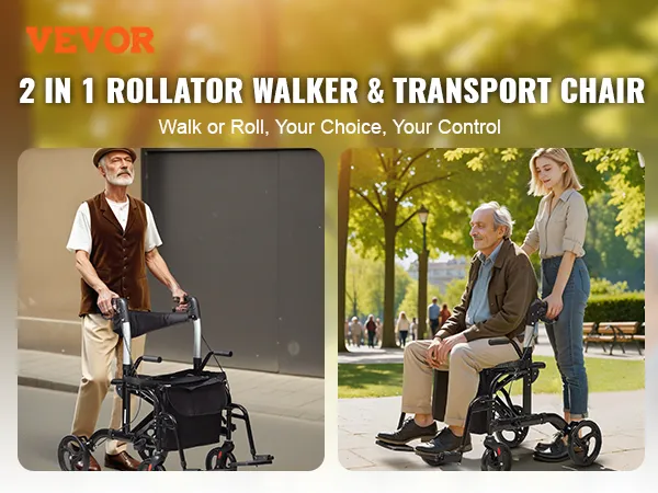 VEVOR rollator walker and transport chair in a park setting with walk or roll flexibility.