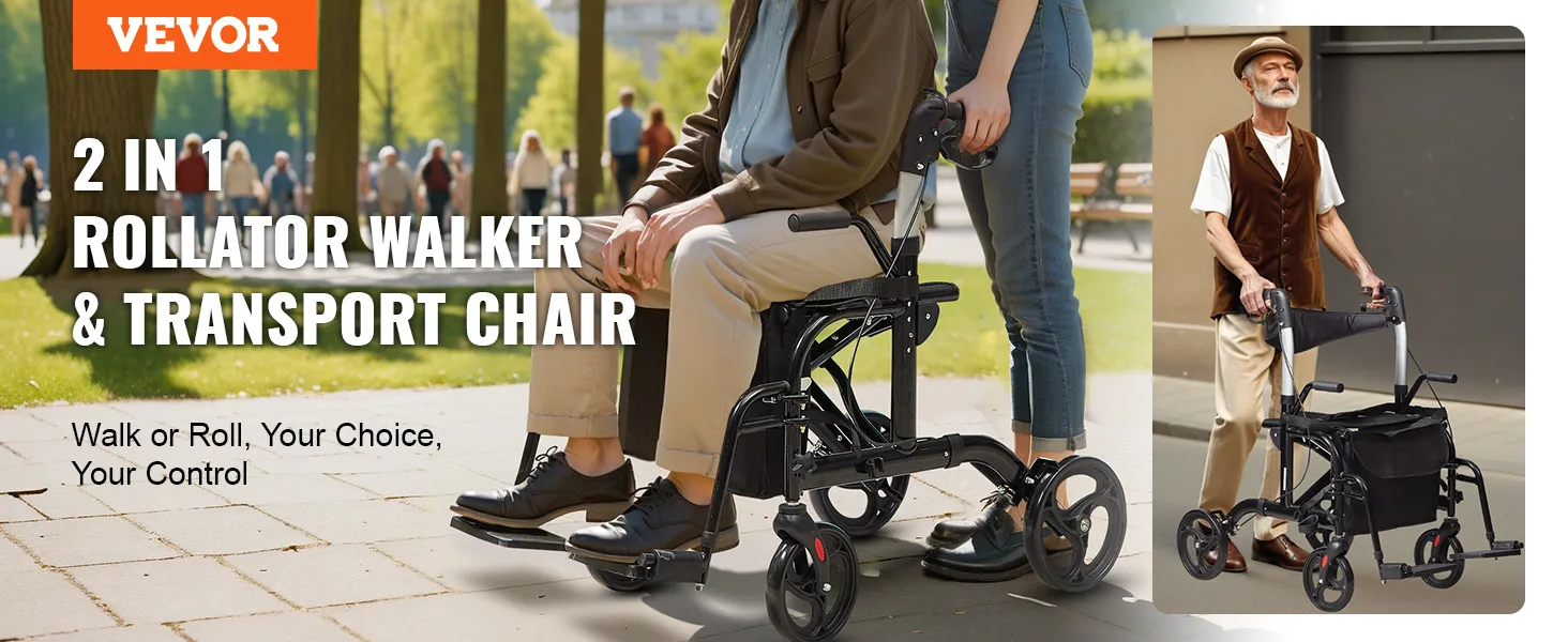 VEVOR rollator walker and transport chair in a park setting with walk or roll flexibility.