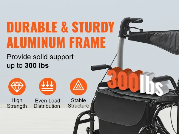 VEVOR rollator walker with durable aluminum frame, supports up to 300 lbs, high strength, stable structure.