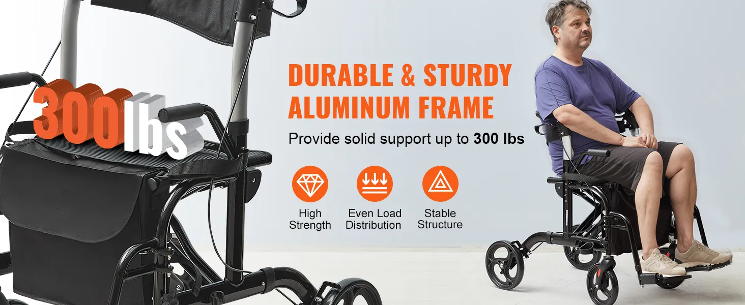 VEVOR rollator walker with durable aluminum frame, supports up to 300 lbs, high strength, stable structure.