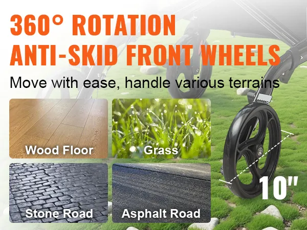 360° rotation anti-skid front wheels of VEVOR rollator walker on various terrains: wood, grass, stone, asphalt.