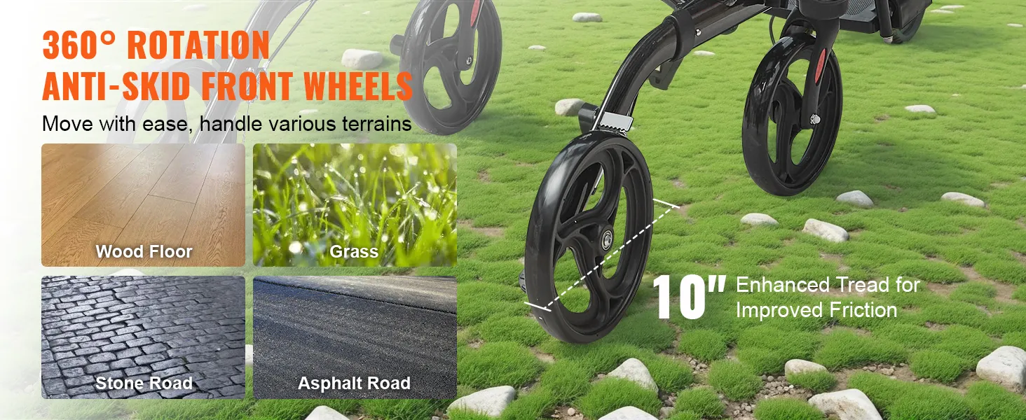 360° rotation anti-skid front wheels of VEVOR rollator walker on various terrains: wood, grass, stone, asphalt.