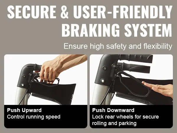 VEVOR rollator walker featuring secure braking system for high safety and flexibility. push-up to control speed, push-down to lock wheels.