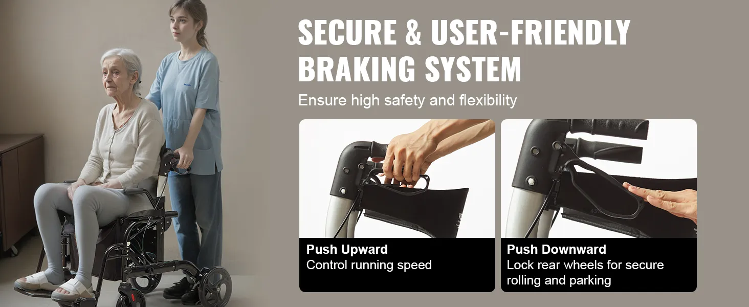 VEVOR rollator walker featuring secure braking system for high safety and flexibility. push-up to control speed, push-down to lock wheels.