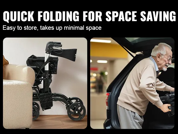 VEVOR rollator walker folds compactly for easy, minimal space storage; fits efficiently in a car trunk.