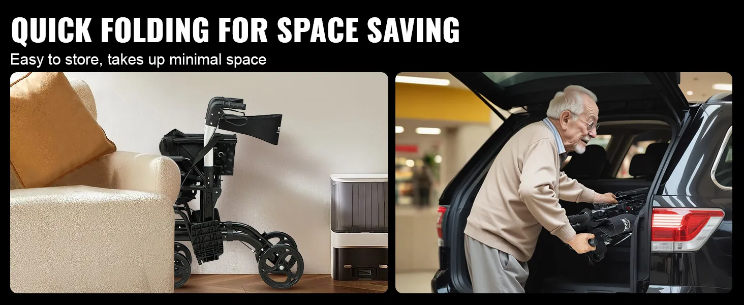 VEVOR rollator walker folds compactly for easy, minimal space storage; fits efficiently in a car trunk.