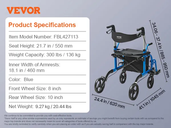 VEVOR rollator walker with dimensions and specs, blue frame, large wheels, and storage bag.