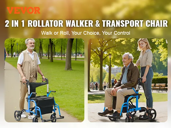 VEVOR rollator walker and transport chair in park setting, showcasing versatility and user comfort.