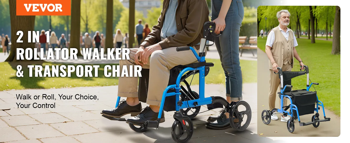 VEVOR rollator walker and transport chair in park setting, showcasing versatility and user comfort.