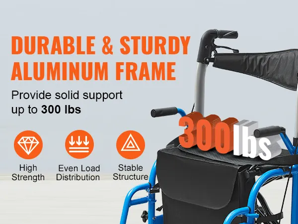 VEVOR rollator walker with durable aluminum frame, supports up to 300 lbs, high strength, stable structure.