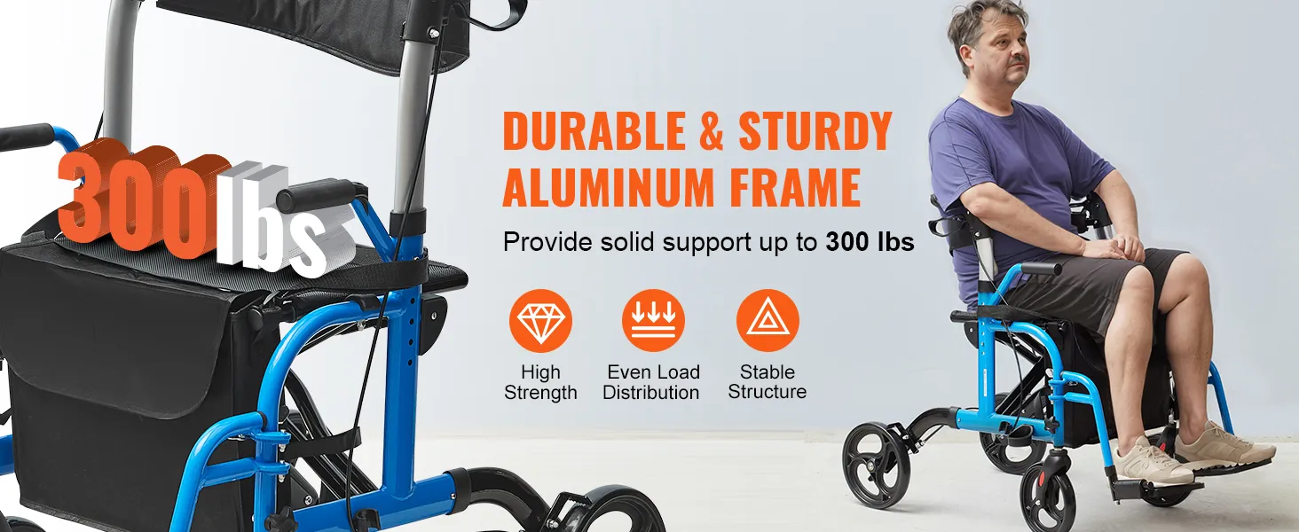 VEVOR rollator walker with durable aluminum frame, supports up to 300 lbs, high strength, stable structure.