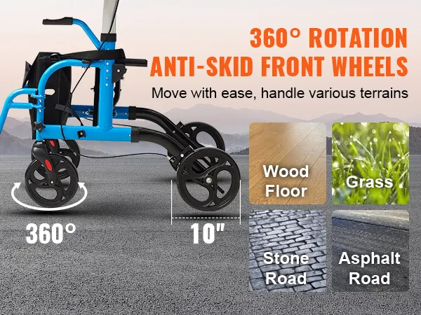 VEVOR rollator walker with 360° rotation anti-skid front wheels for wood floor, grass, stone road, asphalt road.