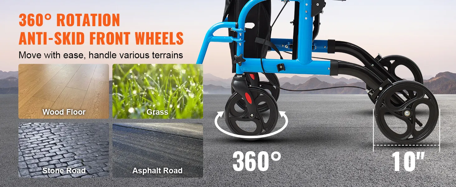 VEVOR rollator walker with 360° rotation anti-skid front wheels for wood floor, grass, stone road, asphalt road.