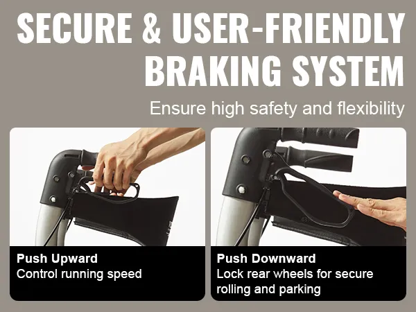 secure braking system of VEVOR rollator walker showcasing safe, flexible control features for users.