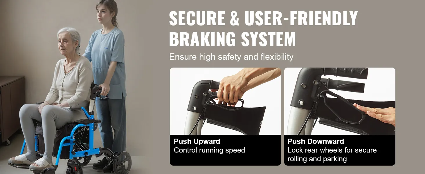 secure braking system of VEVOR rollator walker showcasing safe, flexible control features for users.