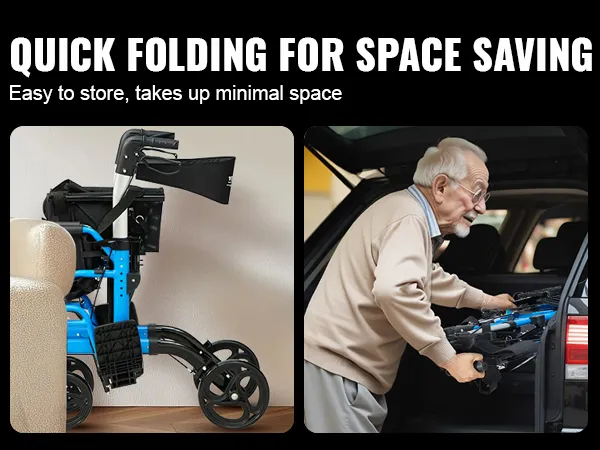 VEVOR rollator walker folded and stored compactly, fitting easily in a car trunk and beside a sofa.
