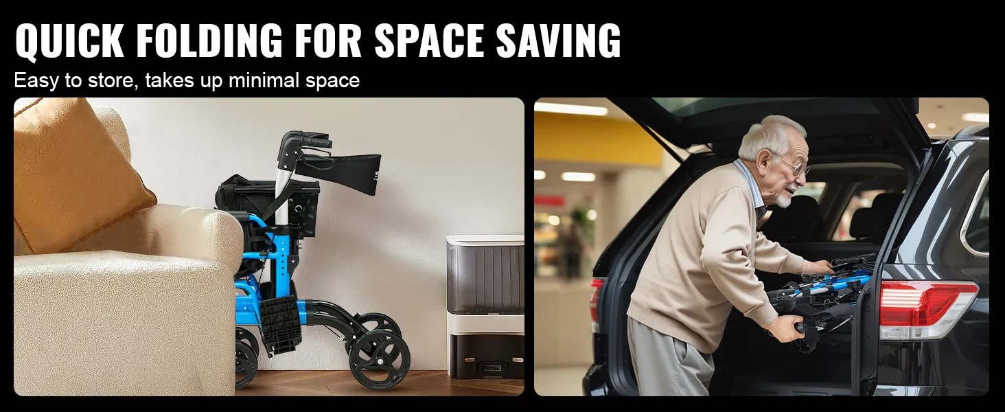VEVOR rollator walker folded and stored compactly, fitting easily in a car trunk and beside a sofa.