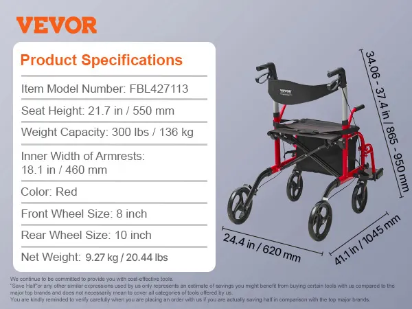 VEVOR rollator walker transport chair in red with dimensions, specifications, and features displayed.