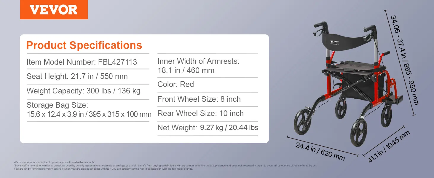 VEVOR rollator walker transport chair in red with dimensions, specifications, and features displayed.