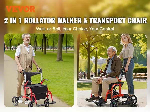 VEVOR rollator walker transport chair, 2-in-1 design for walking and seating in a park.