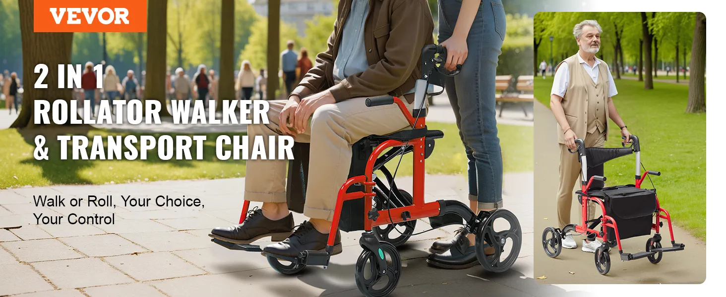 VEVOR rollator walker transport chair, 2-in-1 design for walking and seating in a park.