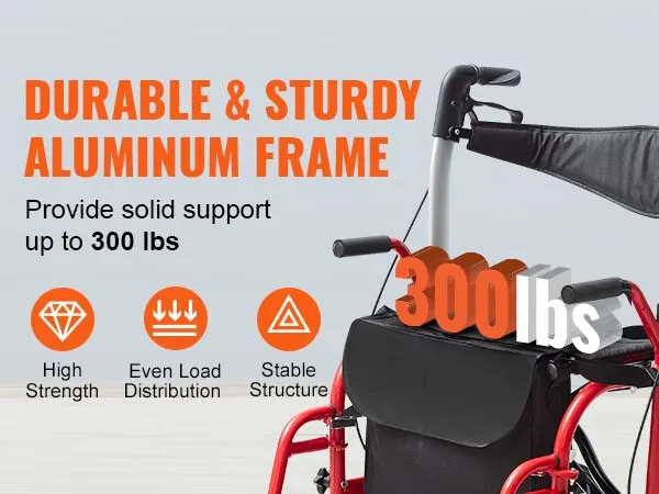 VEVOR rollator walker transport chair supports up to 300 lbs with durable, sturdy aluminum frame and stable structure.