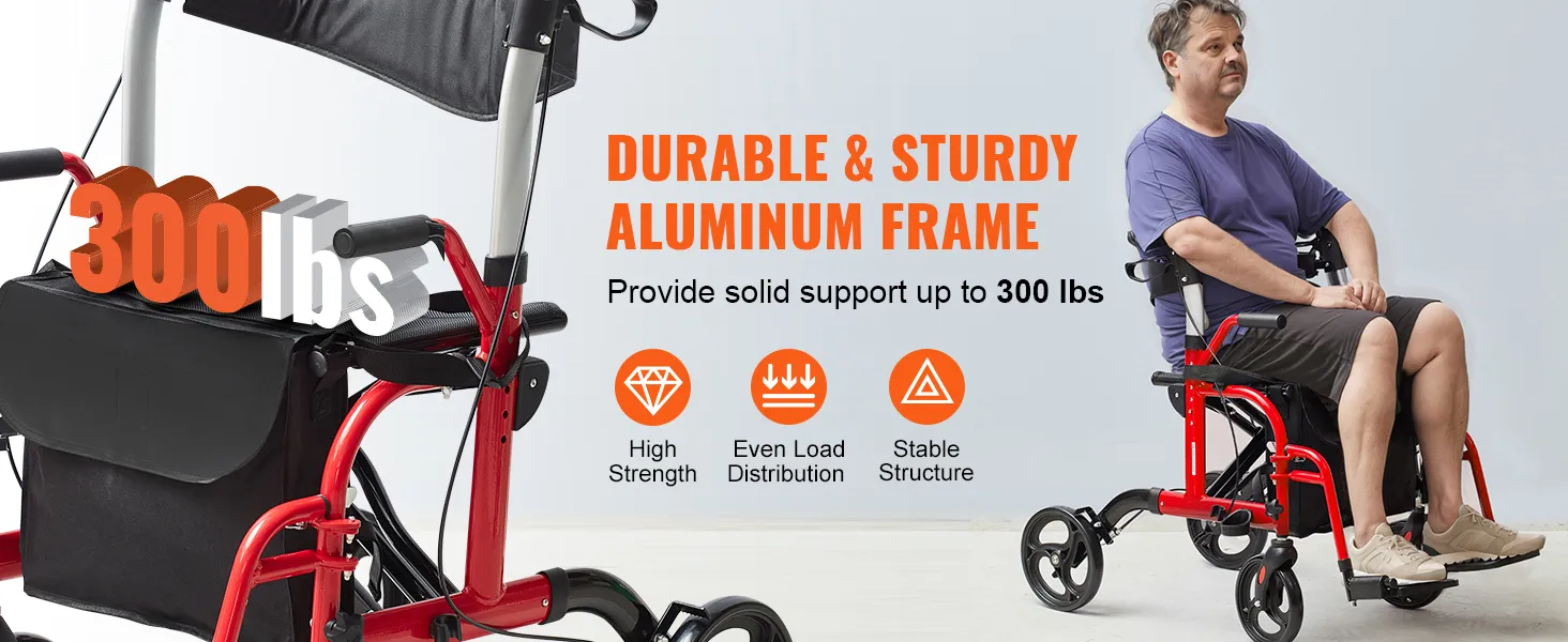 VEVOR rollator walker transport chair supports up to 300 lbs with durable, sturdy aluminum frame and stable structure.