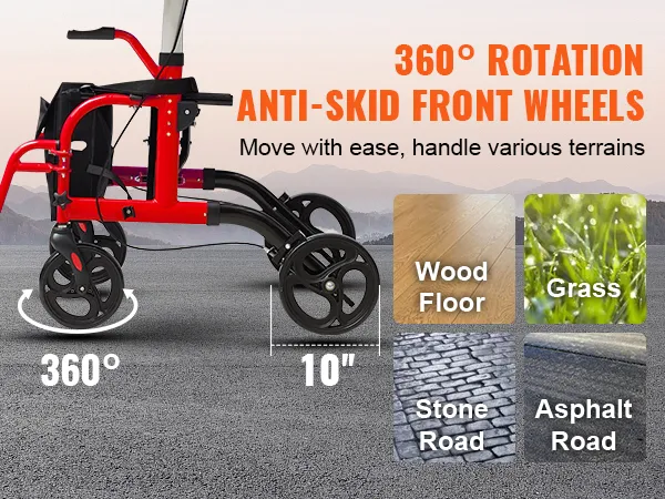 360° rotation anti-skid wheels of a VEVOR rollator walker transport chair for various terrains like wood, grass, stone, and asphalt.