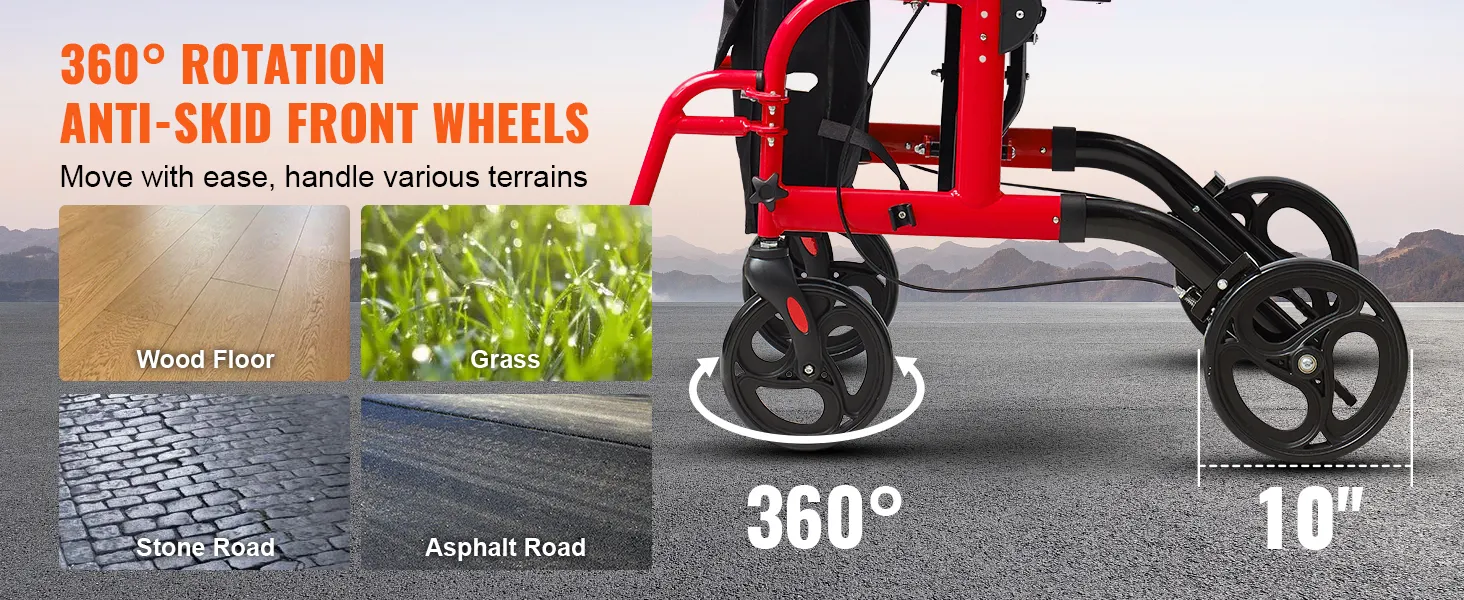 360° rotation anti-skid wheels of a VEVOR rollator walker transport chair for various terrains like wood, grass, stone, and asphalt.
