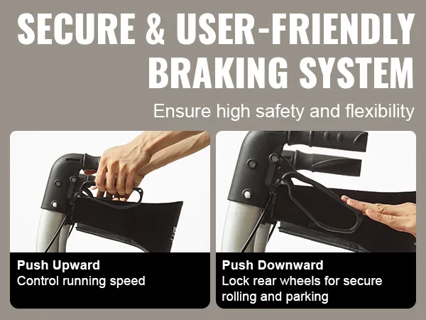 secure and user-friendly braking system for VEVOR rollator walker transport chair ensures safety and flexibility.