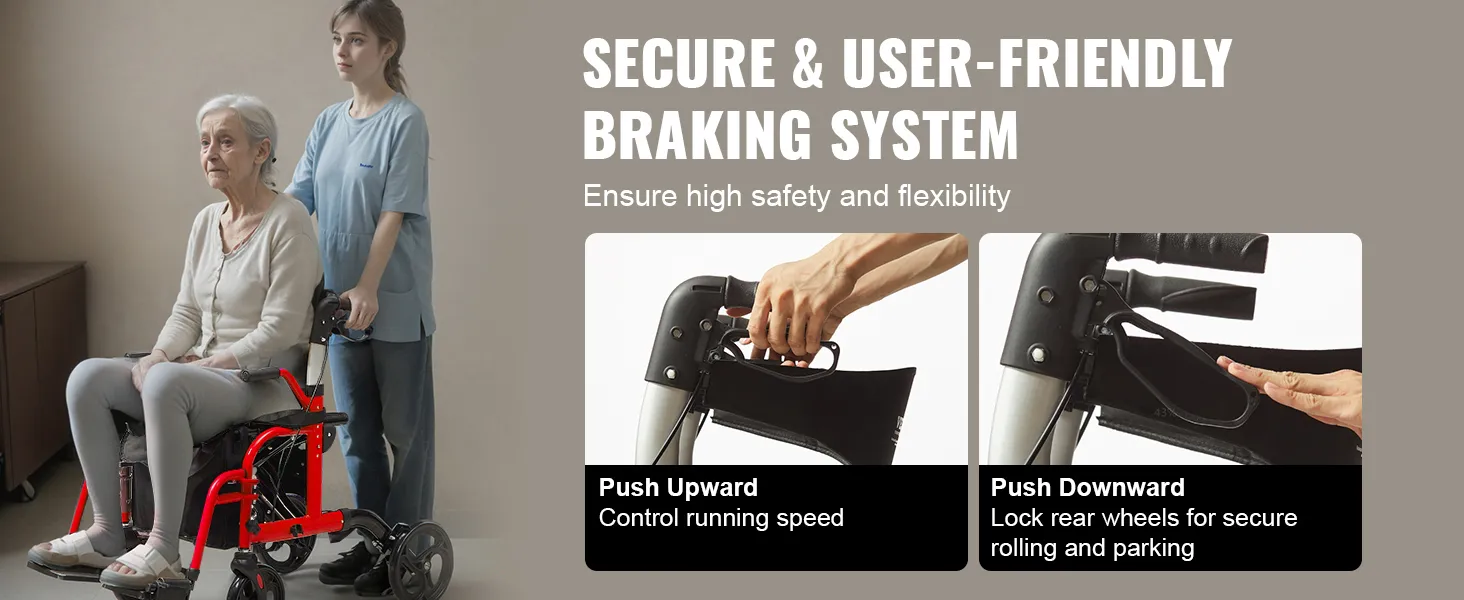 secure and user-friendly braking system for VEVOR rollator walker transport chair ensures safety and flexibility.