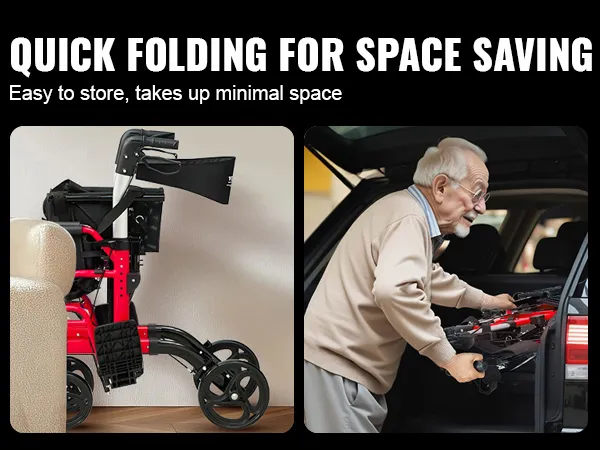 VEVOR rollator walker transport chair, easy to store and load into a car, takes up minimal space.