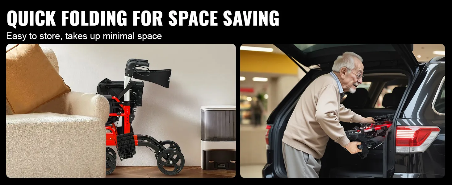 VEVOR rollator walker transport chair, easy to store and load into a car, takes up minimal space.