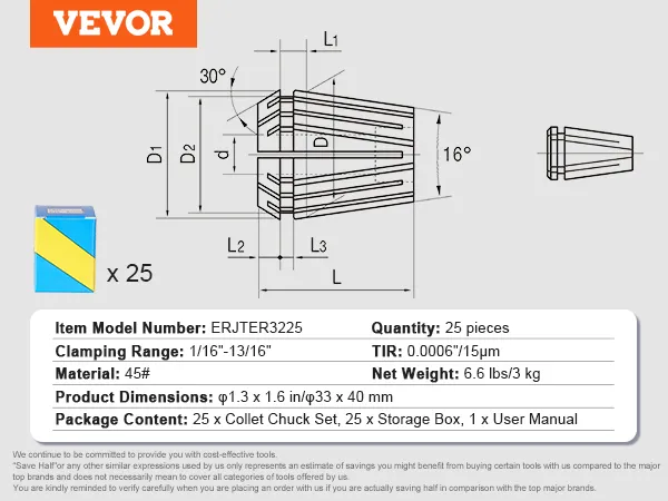 VEVOR er32 collet set, quantity 25, 1/16"-13/16" clamping range, includes storage box, and user manual.