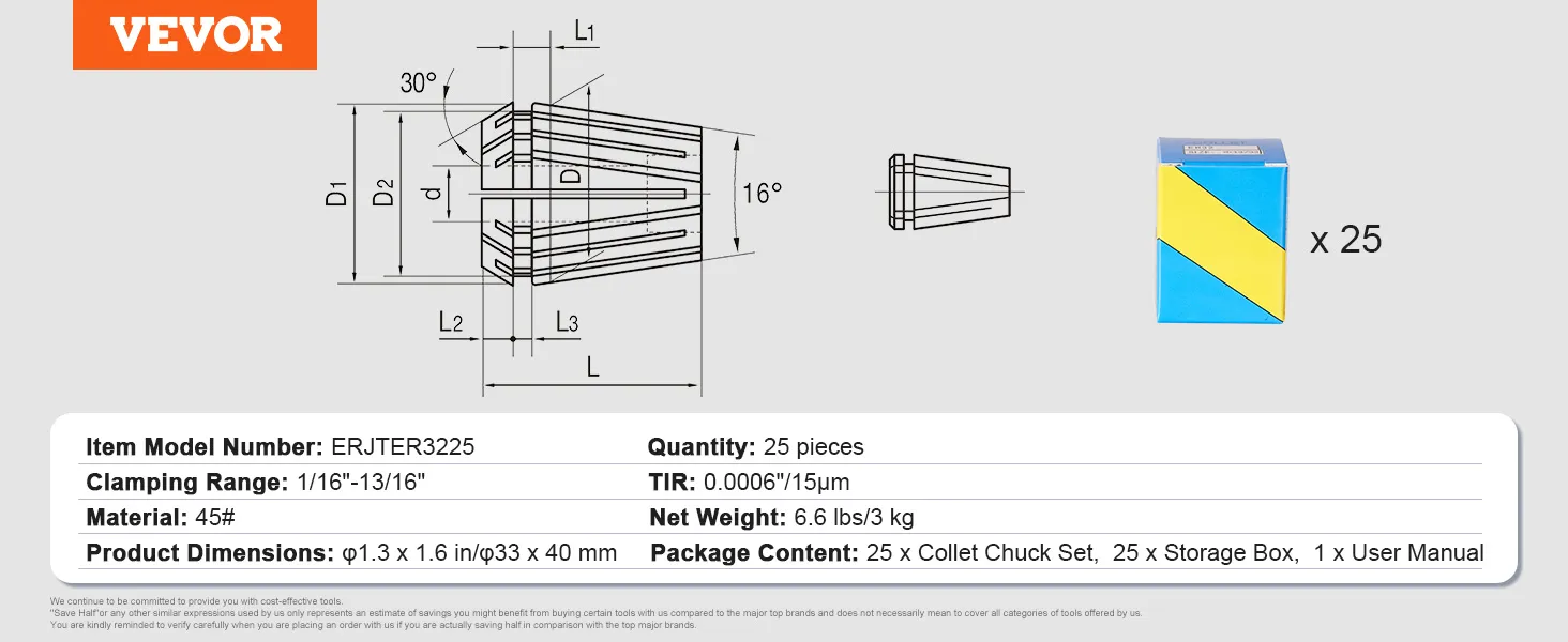 VEVOR er32 collet set, quantity 25, 1/16"-13/16" clamping range, includes storage box, and user manual.