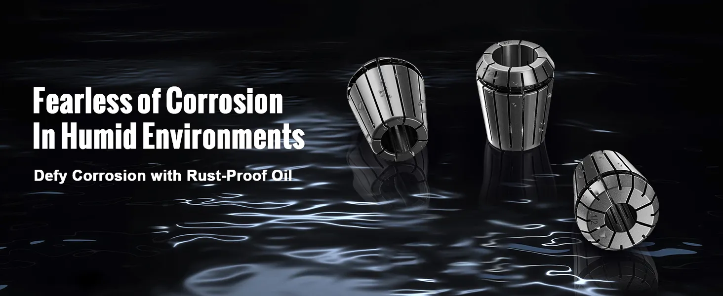 VEVOR er32 collet set on reflective surface with anti-corrosion text.